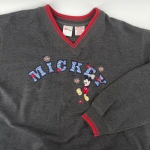 Disney Mickey Mouse V Neck Sweatshirt Women's Large Gray Red Trim Embroidered